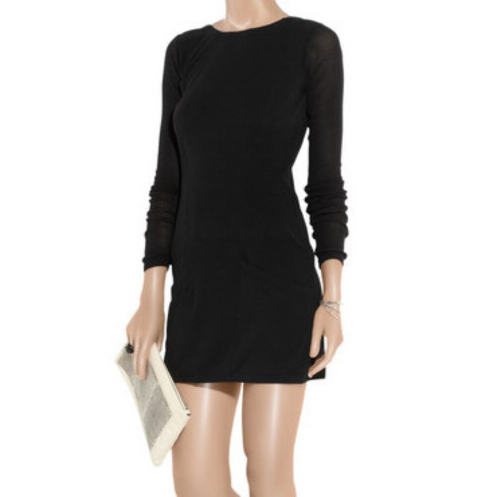Theyskens Theory Black Long Sleeve Mini Dress 4 6 Small Medium Mesh Cross Back - Picture 2 of 9